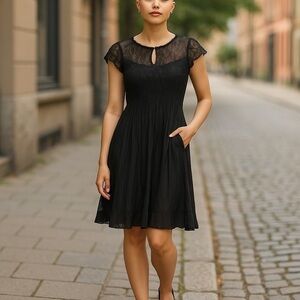 KOMAROV ✘ Black Semi Sheer Overlay Cap Sleeve Midi Keyhole Pleated Floey Dress M